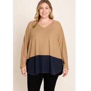 Bucket List Oversized V-Neck Sweater Camel Navy High Low Cozycore Lagenlook L